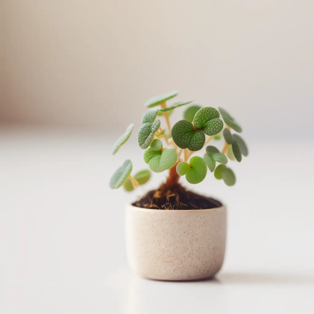 cute mini Pilea plant in a pot, white background, f2.8 3.5, 50mm lens, tilt shift photography 